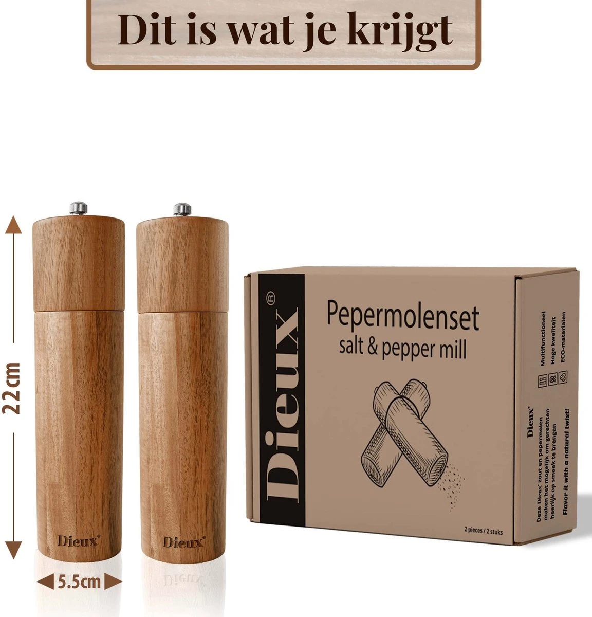 Dieux® - Peper En Zoutmolen Set - Cilinder Vorm - 22CM - Zout Peper Kruiden - 2 Stuks - Acacia Hout - Instelbare Maalgraad - Duurzaam - Luxe Kwaliteit - Hervulbaar - Pepermolen - Zoutmolen - BBQ Accesoires - Pasen 9 Dieux® - Peper En Zoutmolen Set - Cilinder Vorm - 22CM - Zout Peper Kruiden - 2 Stuks - Acacia Hout - Instelbare Maalgraad - Duurzaam - Luxe Kwaliteit - Hervulbaar - Pepermolen - Zoutmolen - BBQ Accesoires - Pasen - Afbeelding 7