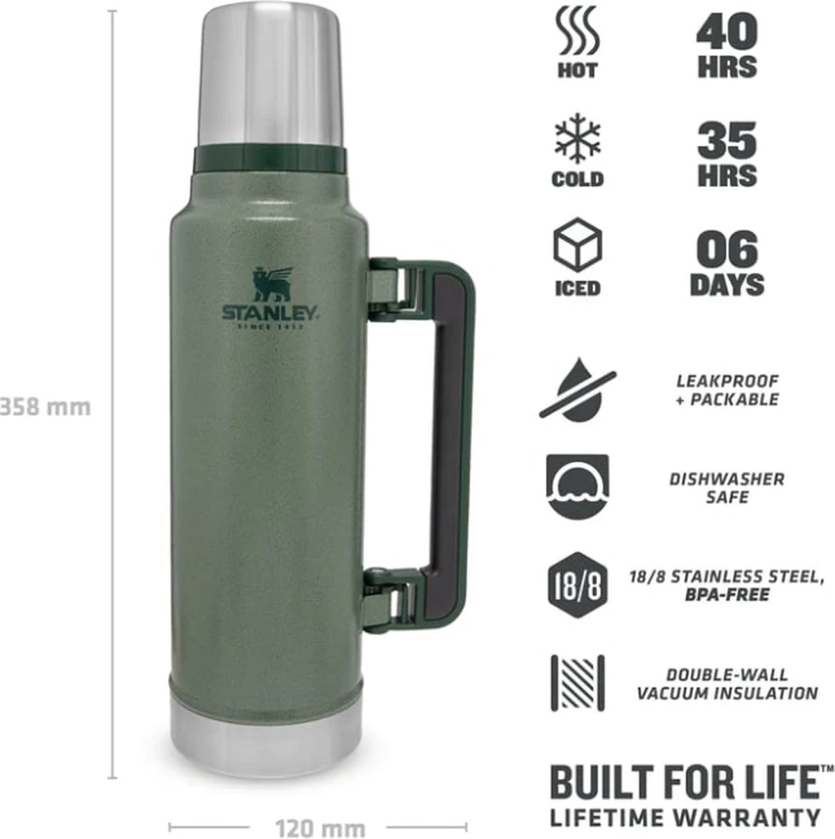 Stanley The Legendary Classic Bottle 1,40L - Thermosfles - Hammertone Green 11 Stanley The Legendary Classic Bottle 1,40L - Thermosfles - Hammertone Green - Afbeelding 10