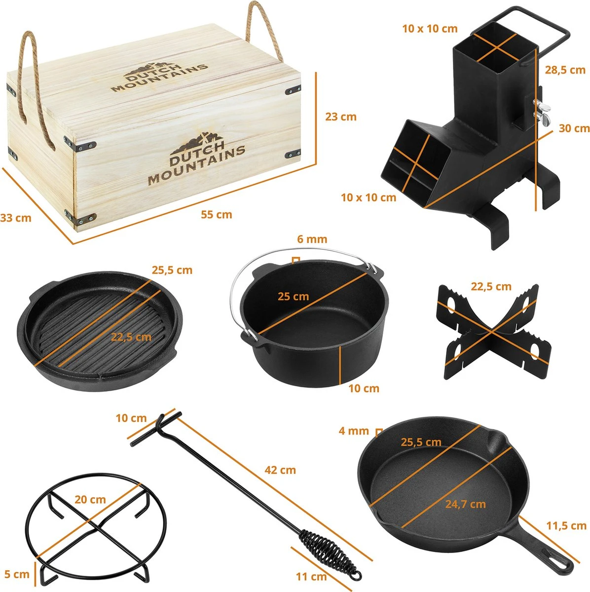 Dutch Mountains Gietijzeren Pannenset 7-delig - Dutch Oven – Braadpan - Grillpan - Hapjespan - Kookset In Houten Transportkist - Deksellifter - Brander 4 Dutch Mountains Gietijzeren Pannenset 7-delig - Dutch Oven – Braadpan - Grillpan - Hapjespan - Kookset In Houten Transportkist - Deksellifter - Brander - Afbeelding 2