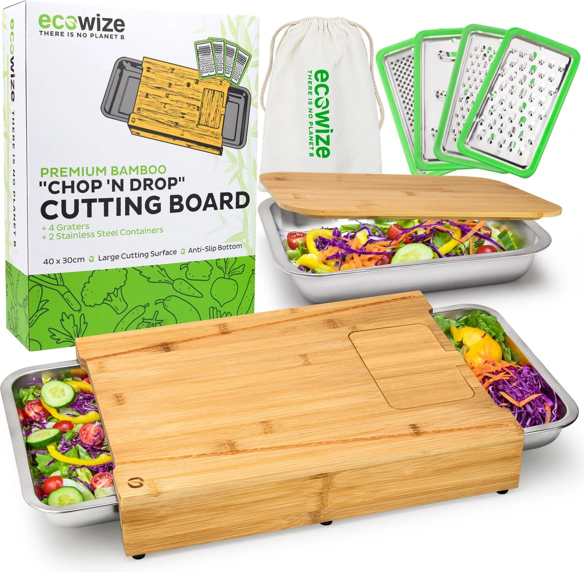 Ecowize 3-in-1 Bamboe Snijplank Met Opvangbak - Snijplank Hout Incl. 3 Roestvrijstalen Opvangbakjes Met Bamboe Deksel, 4 Inzetbare Raspen - Groentesnijder, Hakblok, Borrelplank, Tapasplank, Broodplank - 40x30cm - Duurzaam Cadeau 3 Ecowize 3-in-1 Bamboe Snijplank Met Opvangbak - Snijplank Hout Incl. 3 Roestvrijstalen Opvangbakjes Met Bamboe Deksel, 4 Inzetbare Raspen - Groentesnijder, Hakblok, Borrelplank, Tapasplank, Broodplank - 40x30cm - Duurzaam Cadeau