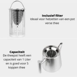 Castagnola Theepot Met Filter – Theekan – Theepot Dubbelwandig – Theepot Roestvrijstaal – Hoogwaardig RVS – 1 Liter – 5 Kopjes Thee – Zilver -Keukenartikelen Series Winkel 1200x1195 9