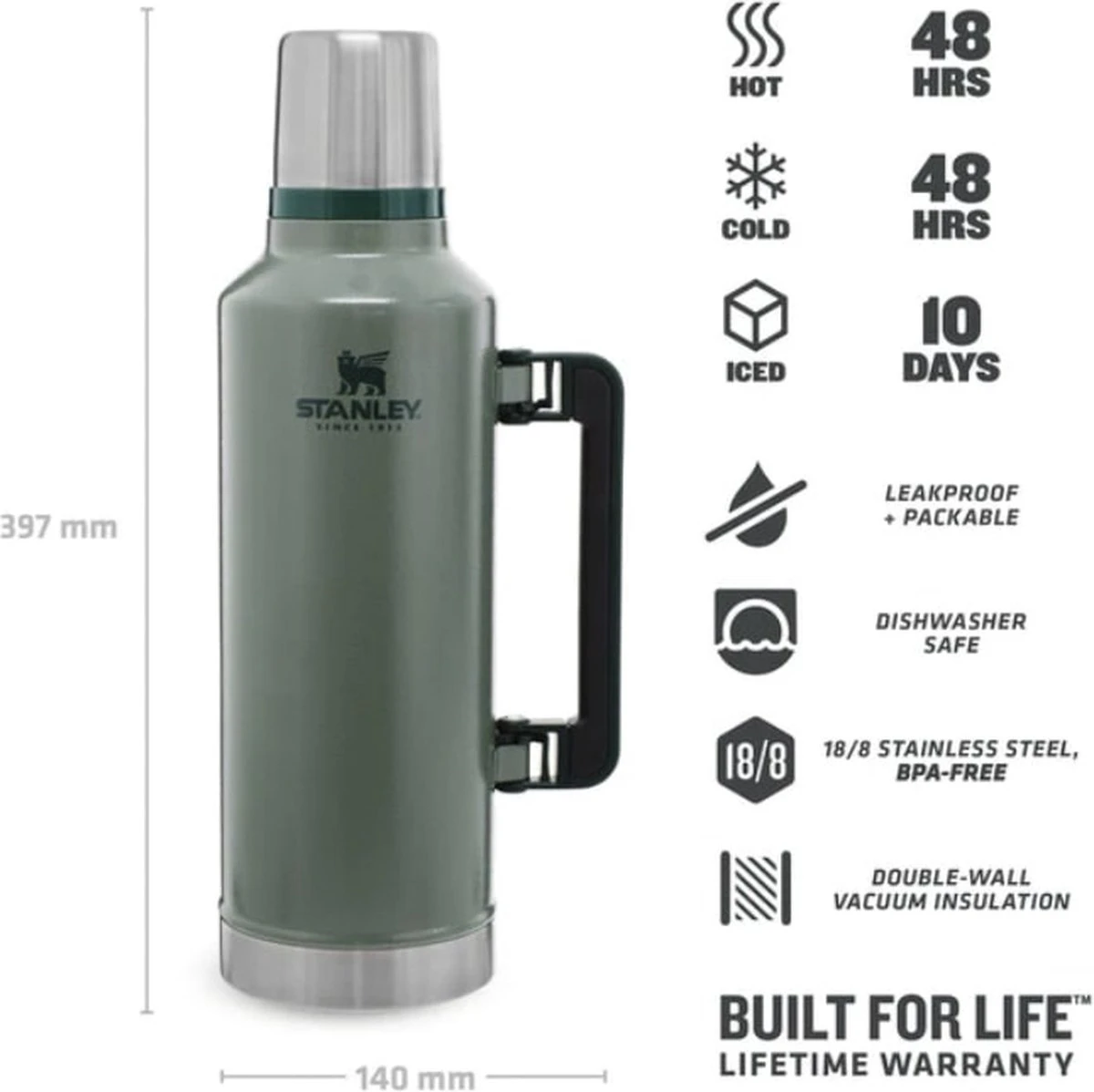 Stanley The Legendary Classic Bottle 1,40L - Thermosfles - Hammertone Green 10 Stanley The Legendary Classic Bottle 1,40L - Thermosfles - Hammertone Green - Afbeelding 9