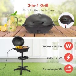 KitchenBrothers Elektrische BBQ - Met Grillplaat - Anti-aanbaklaag - Incl. Plank/Houders - Grilloppervlak 46,5x33,8cm - Tot 300°C - 2400W - Zwart -Keukenartikelen Series Winkel 1200x1200 1050