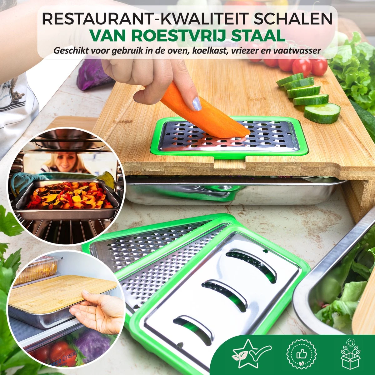 Ecowize 3-in-1 Bamboe Snijplank Met Opvangbak - Snijplank Hout Incl. 3 Roestvrijstalen Opvangbakjes Met Bamboe Deksel, 4 Inzetbare Raspen - Groentesnijder, Hakblok, Borrelplank, Tapasplank, Broodplank - 40x30cm - Duurzaam Cadeau 6 Ecowize 3-in-1 Bamboe Snijplank Met Opvangbak - Snijplank Hout Incl. 3 Roestvrijstalen Opvangbakjes Met Bamboe Deksel, 4 Inzetbare Raspen - Groentesnijder, Hakblok, Borrelplank, Tapasplank, Broodplank - 40x30cm - Duurzaam Cadeau - Afbeelding 4