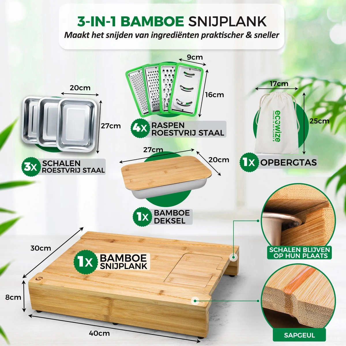 Ecowize 3-in-1 Bamboe Snijplank Met Opvangbak - Snijplank Hout Incl. 3 Roestvrijstalen Opvangbakjes Met Bamboe Deksel, 4 Inzetbare Raspen - Groentesnijder, Hakblok, Borrelplank, Tapasplank, Broodplank - 40x30cm - Duurzaam Cadeau 9 Ecowize 3-in-1 Bamboe Snijplank Met Opvangbak - Snijplank Hout Incl. 3 Roestvrijstalen Opvangbakjes Met Bamboe Deksel, 4 Inzetbare Raspen - Groentesnijder, Hakblok, Borrelplank, Tapasplank, Broodplank - 40x30cm - Duurzaam Cadeau - Afbeelding 7