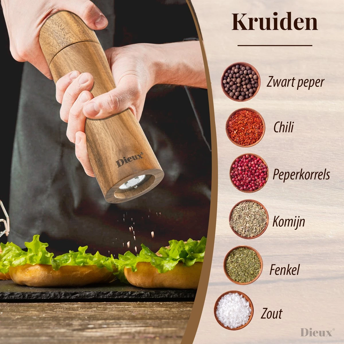Dieux® - Peper En Zoutmolen Set - Cilinder Vorm - 22CM - Zout Peper Kruiden - 2 Stuks - Acacia Hout - Instelbare Maalgraad - Duurzaam - Luxe Kwaliteit - Hervulbaar - Pepermolen - Zoutmolen - BBQ Accesoires - Pasen 4 Dieux® - Peper En Zoutmolen Set - Cilinder Vorm - 22CM - Zout Peper Kruiden - 2 Stuks - Acacia Hout - Instelbare Maalgraad - Duurzaam - Luxe Kwaliteit - Hervulbaar - Pepermolen - Zoutmolen - BBQ Accesoires - Pasen - Afbeelding 2