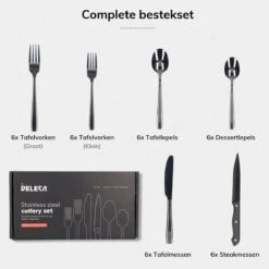 Deleca 6 Persoons Bestekset (36-delig) - Lepels, Messen, Vorken & Steakmessen - Vaatwasserbestendig - Zwart / RVS -Keukenartikelen Series Winkel 1200x1200 667