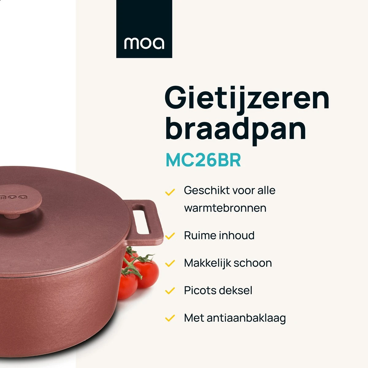 MOA Gietijzeren Braadpan - Inhoud 4,75 Liter - 26CM - Rond - Alle Warmtebronnen - Ook Voor Inductie - Gewicht 5,8 Kg - Bordeaux Rood - MC26BR 4 MOA Gietijzeren Braadpan - Inhoud 4,75 Liter - 26CM - Rond - Alle Warmtebronnen - Ook Voor Inductie - Gewicht 5,8 Kg - Bordeaux Rood - MC26BR - Afbeelding 2